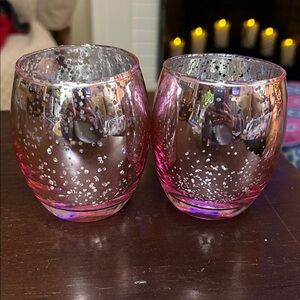 Pretty Pink & Silver Highly Reflective Glass Candle Holders